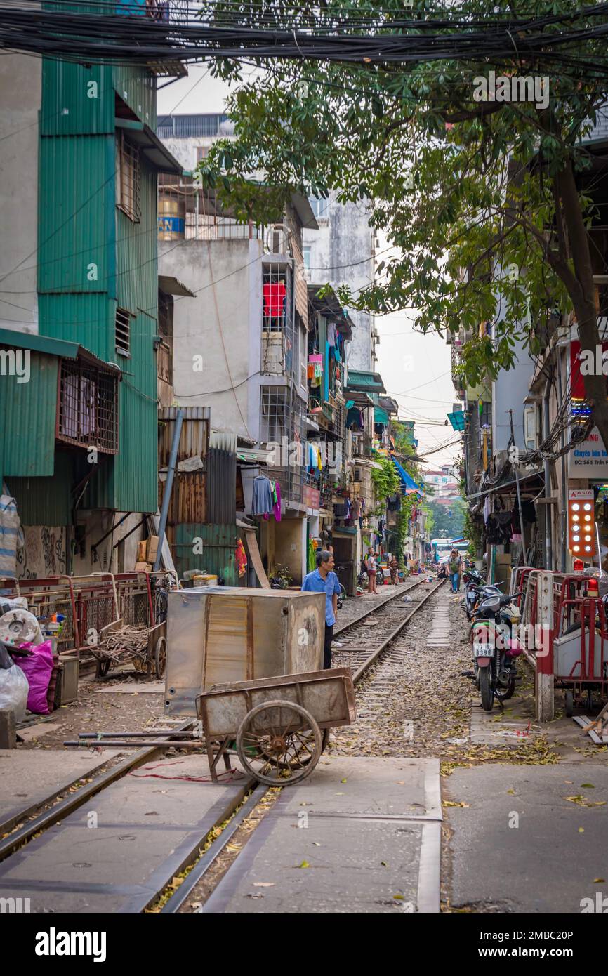 Hanoi Train Street with train track railroad in Vietnam Stock Photo Alamy