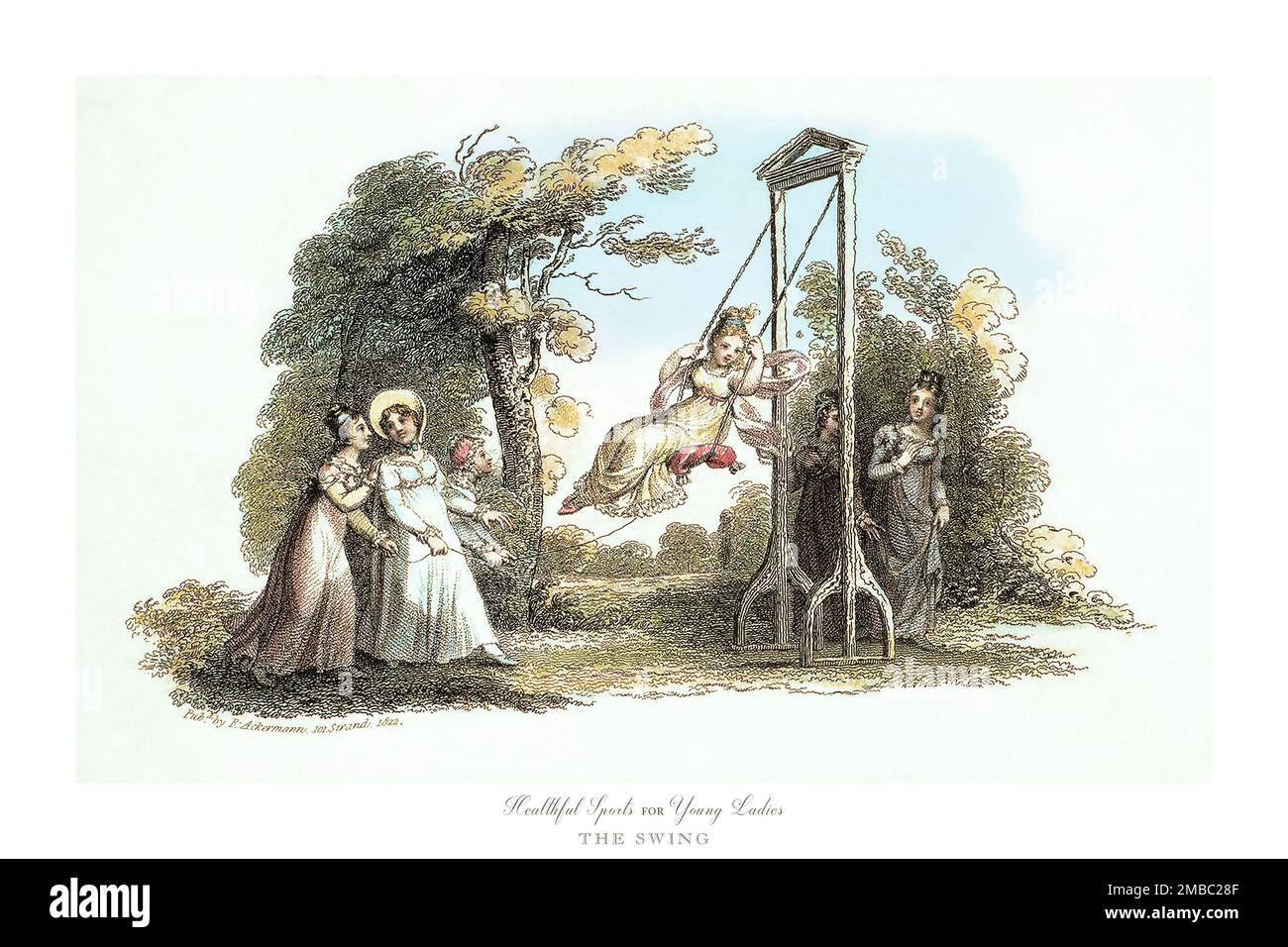 The Swing, Healthful Sports for Young Ladies, Antique Engraved Illustration Stock Photo