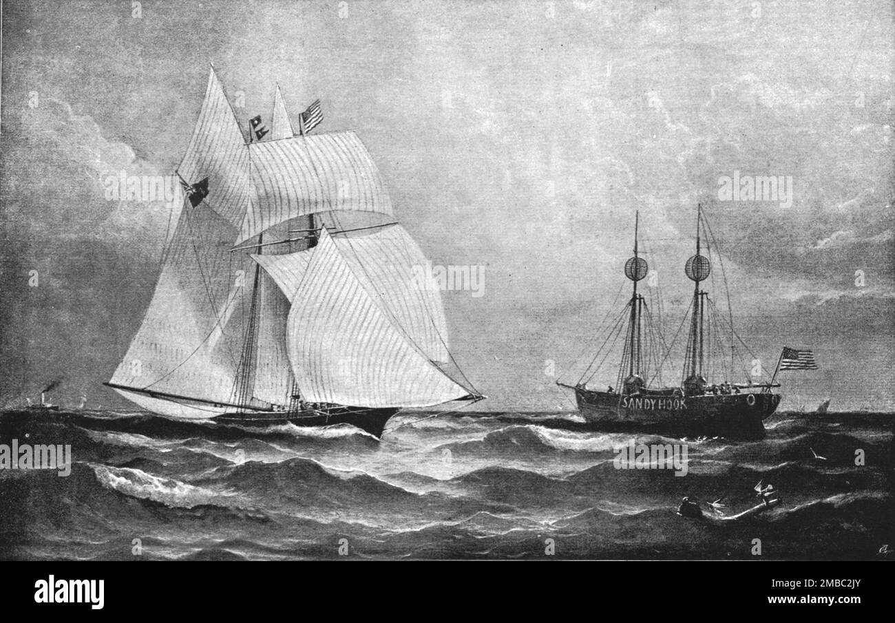 ''The Race for the America's Cup - The Cambria Rounding Sandy Hook', 1870 (1891). From &quot;The Graphic. An Illustrated Weekly Newspaper&quot;, Volume 44. July to December, 1891. Stock Photo