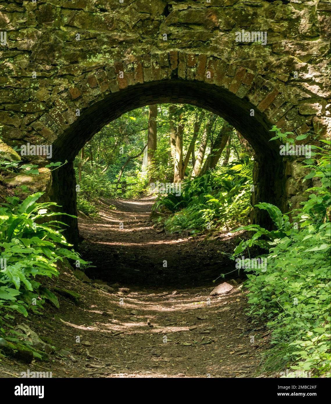 Small, single arch stone and brick bridge over old trackway in Ticknall Limeyards, Derbyshire, England, UK. Stock Photo