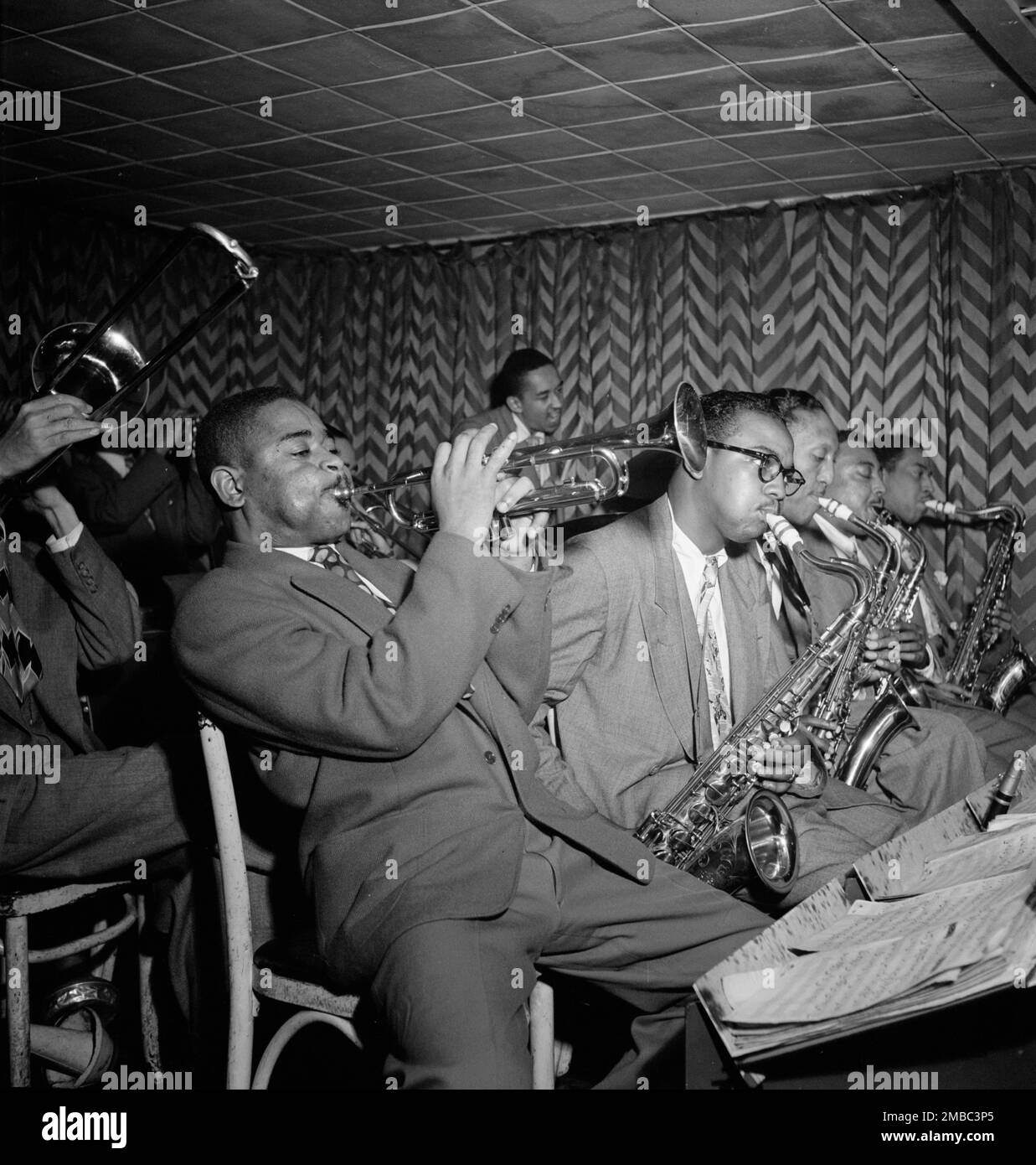 Portrait of Dizzy Gillespie, James Moody, and Howard Johnson, Downbeat, New York, N.Y., ca. Aug. 1947. Stock Photo