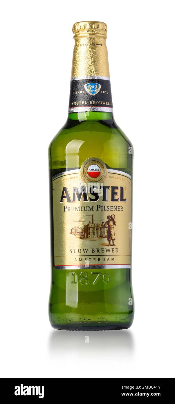 CHISINAU , MOLDOVA- March 18, 2017: Classic bottle Of Amstel beer isolated on white studio shot. Stock Photo