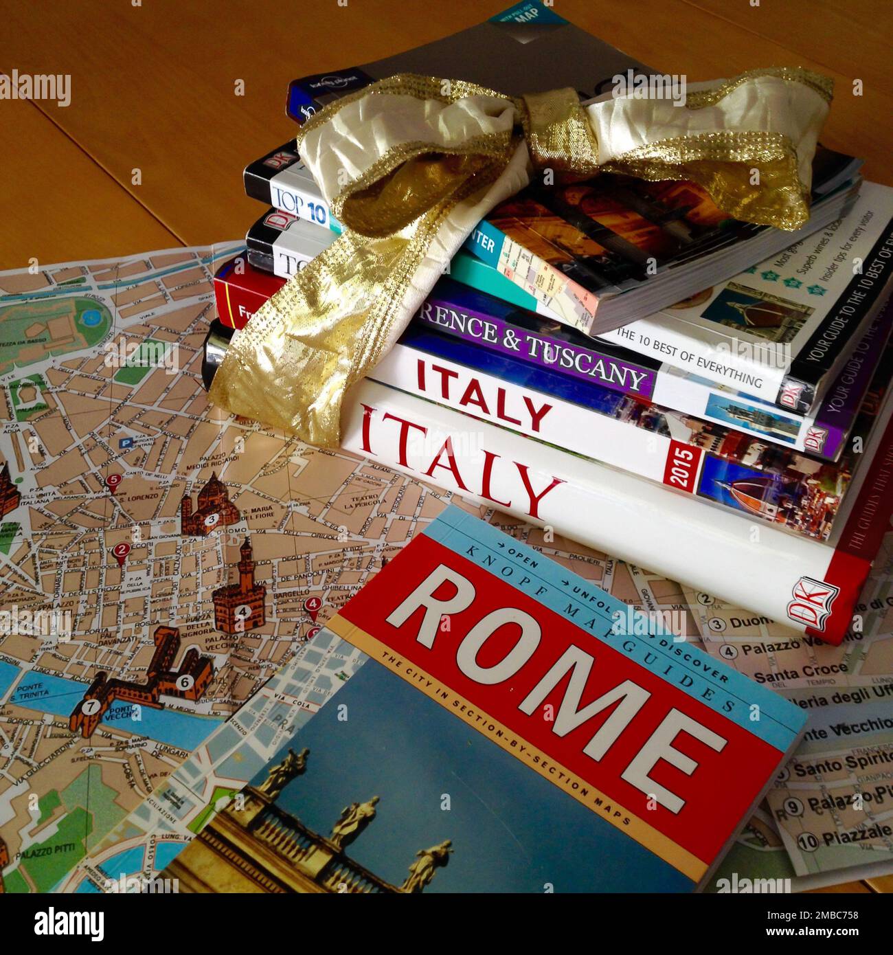 Stack of Italy guidebooks Stock Photo