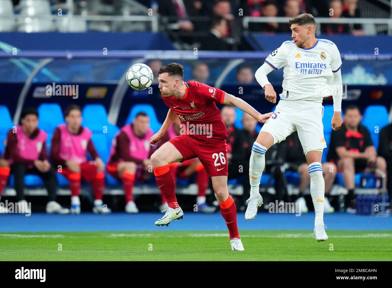 Liverpool's Andrew Robertson heads the ball during the Champions League  final soccer match between Liverpool and Real Madrid at the Stade de France  in Saint Denis near Paris, Saturday, May 28, 2022. (