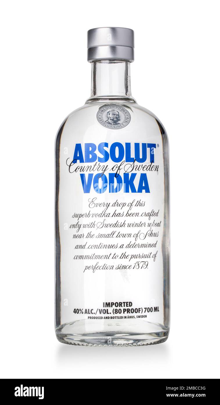 Chisinau, Moldova December 25, 2015:Vodka Absolut  Bottle of Swedish vodka Absolut, Produced by Vin & Sprit. Stock Photo