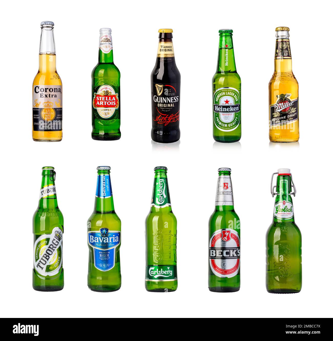 CHISINAU, MOLDOVA - January 04, 2016: Photo of a  bottles of Corona Extra, Stela artoua, guinness, Heineken, Millir, Tuborg, bavaria, Carlsberd, Beck, Stock Photo
