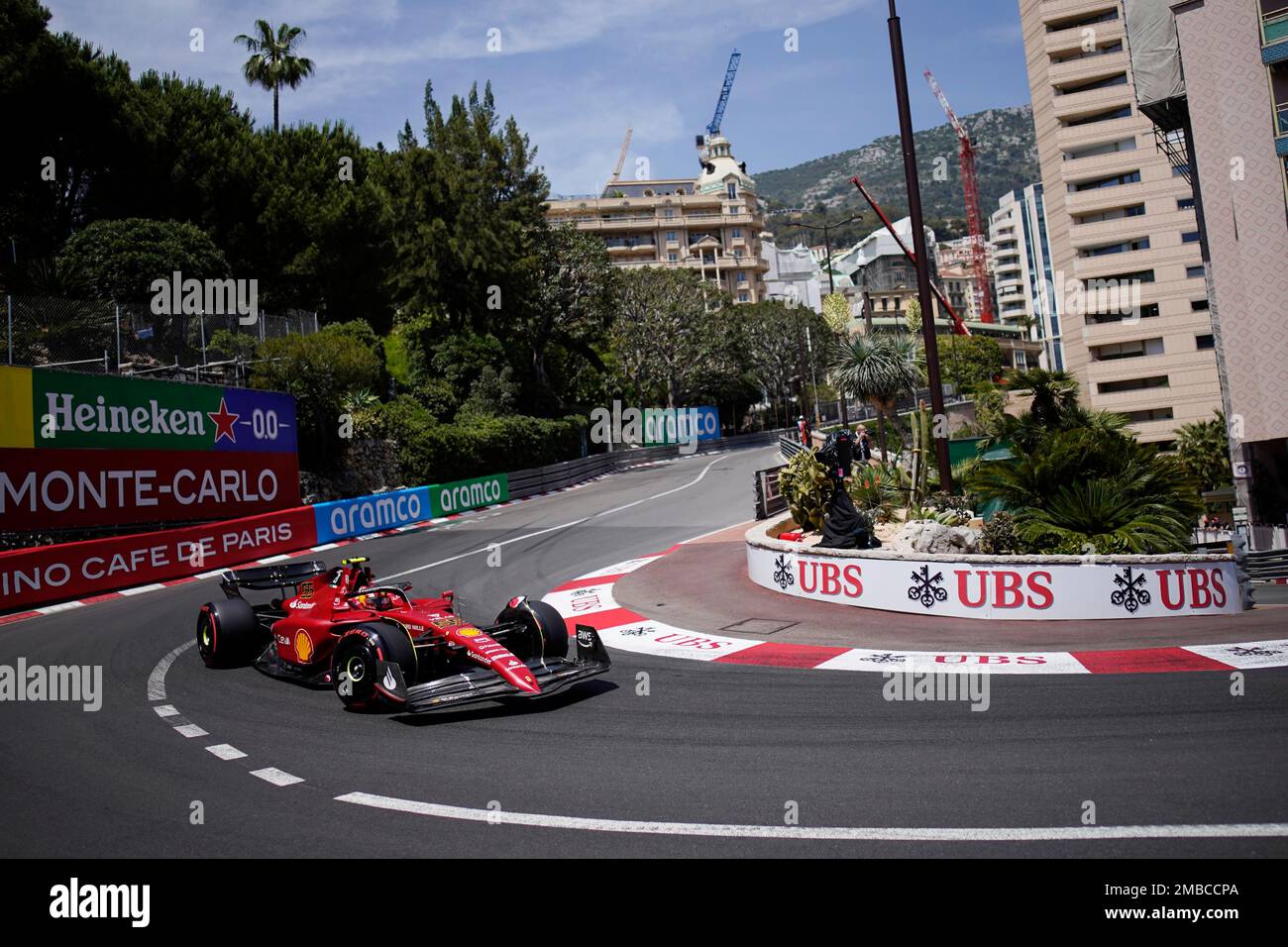 Ferrari driver Carlos Sainz of Spain steers his car during the third free practice at the Monaco racetrack, in Monaco, Saturday, May 28, 2022