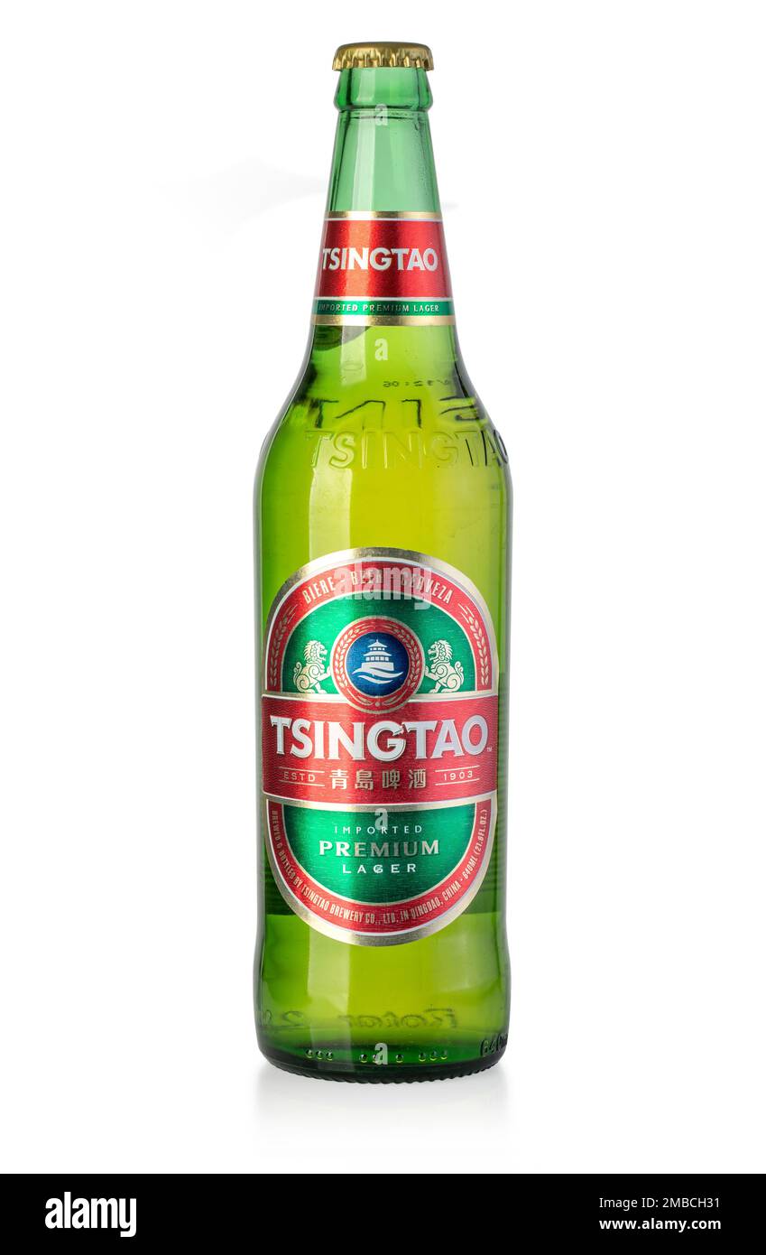 Chisinau, Moldova Octomber 16, 2019: T Bottle of Chinese Tsingtao Lager ...