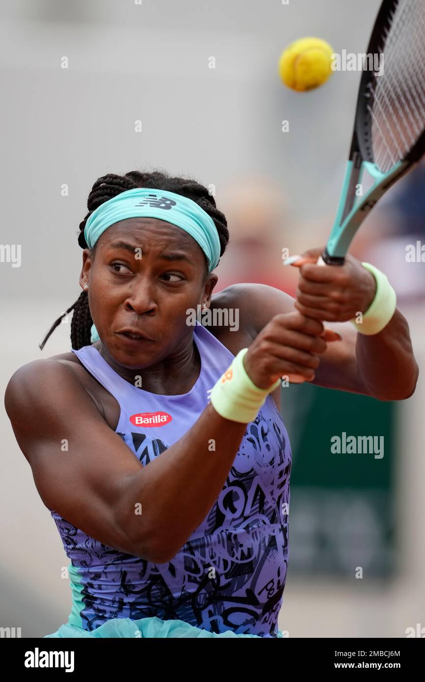 Coco Gauff of the U.S. returns the ball to Estonia's Kaia Kanepi during