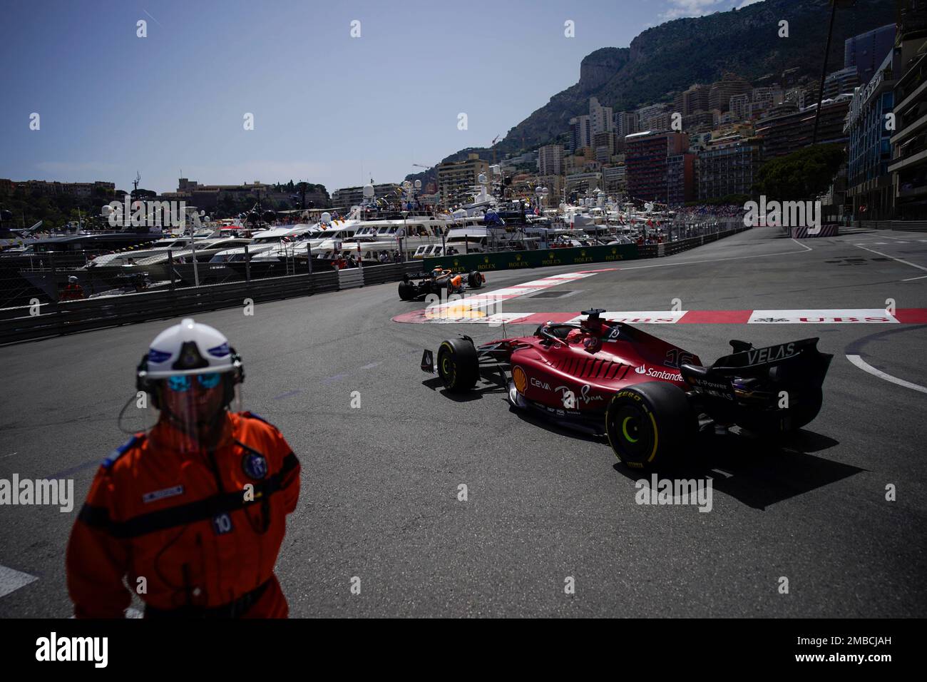 Ferrari driver Charles Leclerc of Monaco steers his car during the first free practice at the Monaco racetrack, in Monaco, Friday, May 27, 2022
