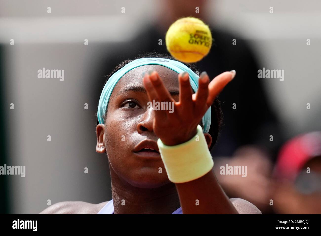 Coco Gauff of the U.S. serves the ball to Estonia's Kaia Kanepi during