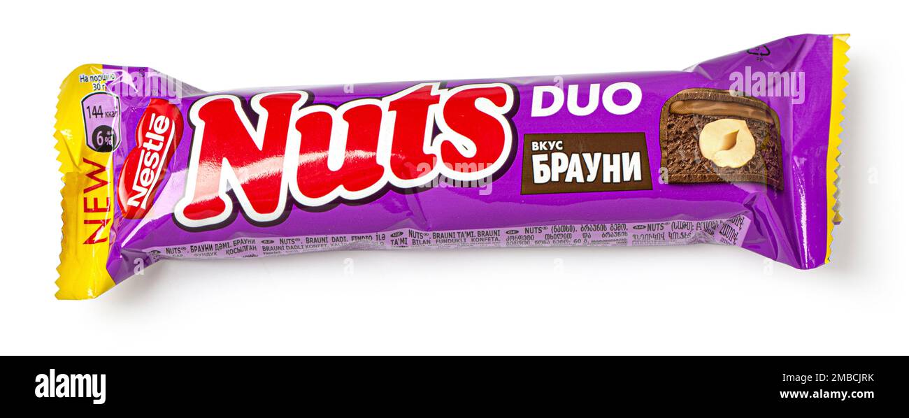 Anapa, Russia December 10, 2022 Nestle Nuts Duo chocolate bar