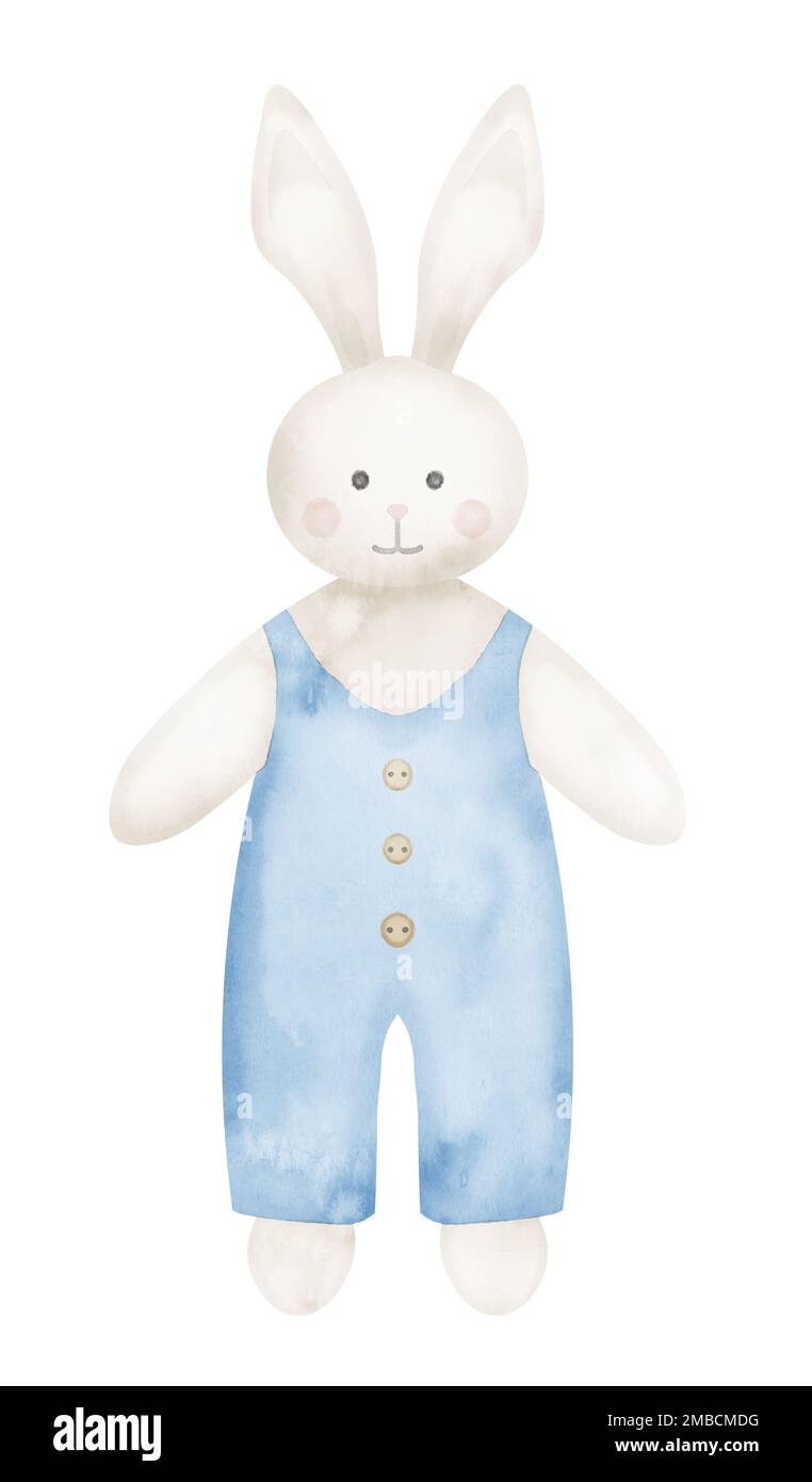 Cute white Bunny Toy watercolor illustration in blue cloth. Hand drawn ...