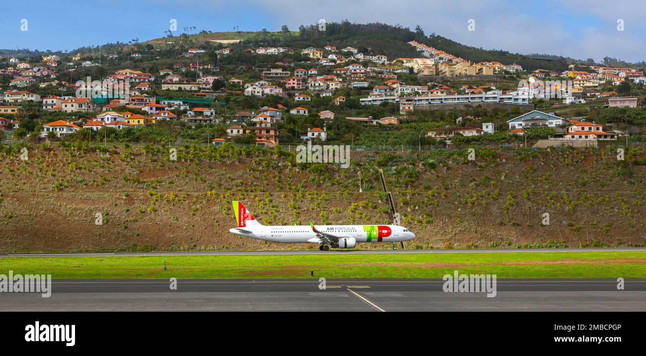FUNCHAL, PORTUGAL - 31 December 2019: Airplanes docket at Cristiano Ronaldo International Airport at Madeira Stock Photo