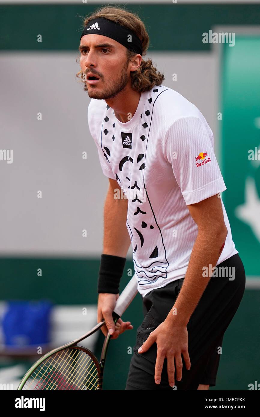 Greece's Stefanos Tsitsipas reacts as he plays Zdenek Kolar of the Czech  Republic during their second round match of the French Open tennis  tournament at the Roland Garros stadium Thursday, May 26,