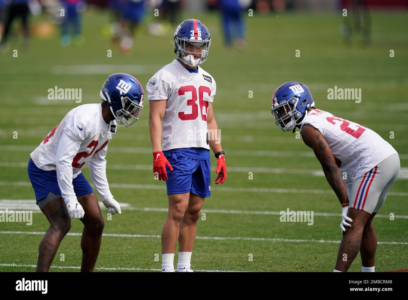 New York Giants' Dane Belton (36) participates in a practice at