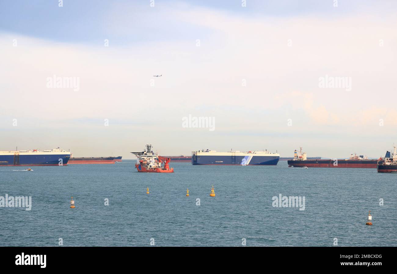 ocean liner, tanker and Cargo Ship in Singapore Strait. Stock Photo