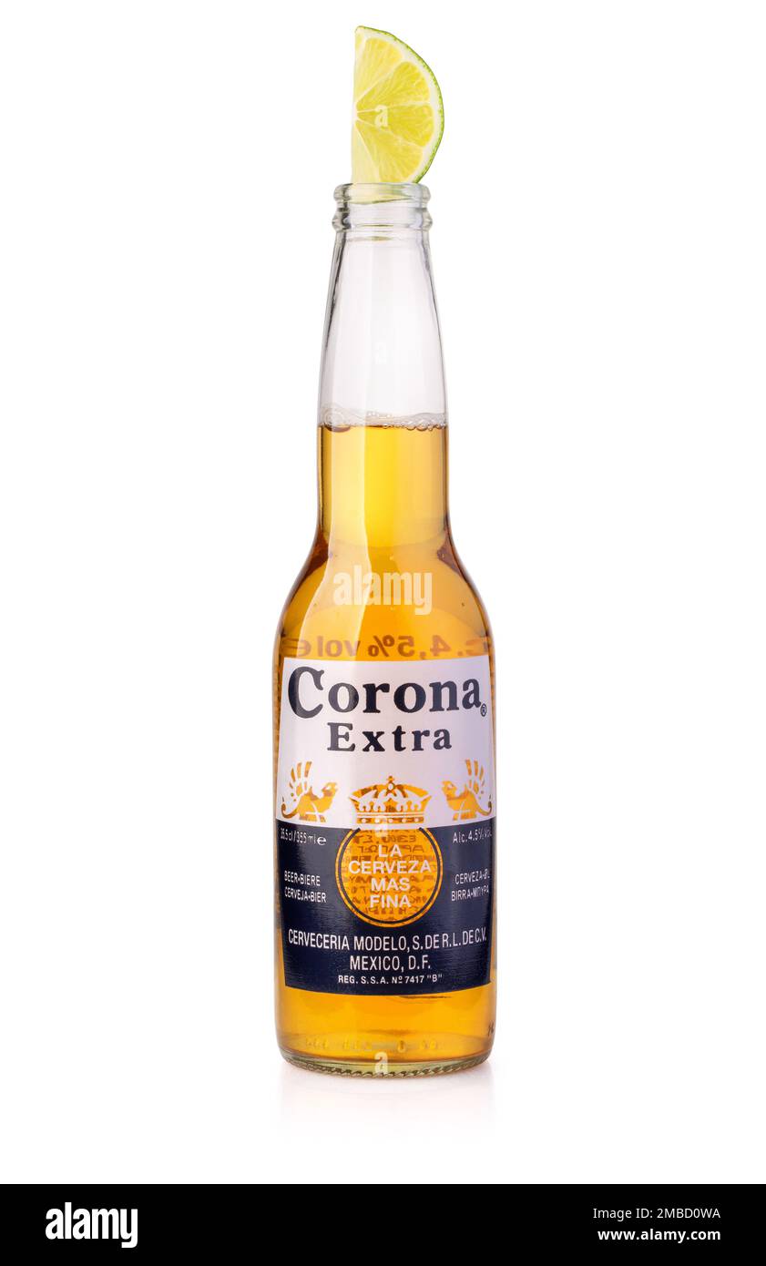 CHISINAU, MOLDOVA - January 19, 2018: Photo of a bottle of Corona Extra Beer. Corona, produced by Grupo Modelo with Anheuser Busch InBev, is the most Stock Photo