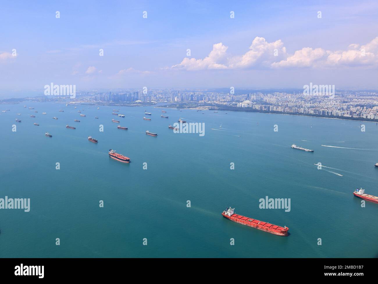 Aerial view of the Singapore Strait, Ocean liner, tanker and Cargo Ship