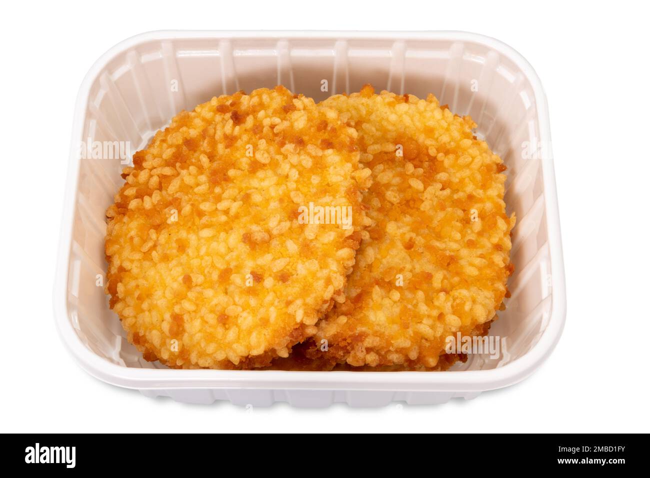 Precooked chicken fillet breaded burgers in plastic food tray for sale