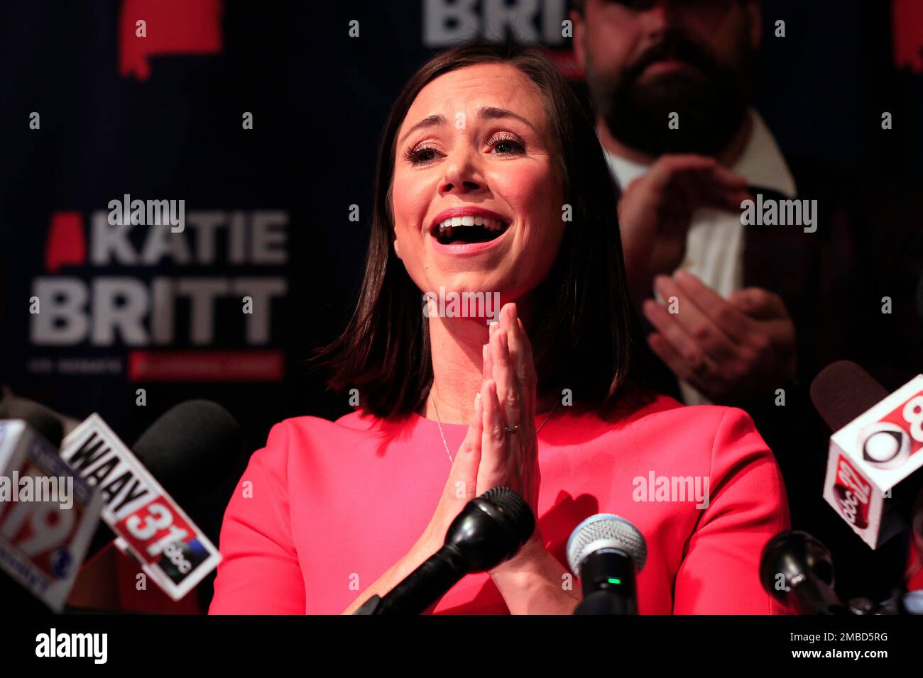 Republican U.S. Senate candidate Katie Britt talks to supporters during