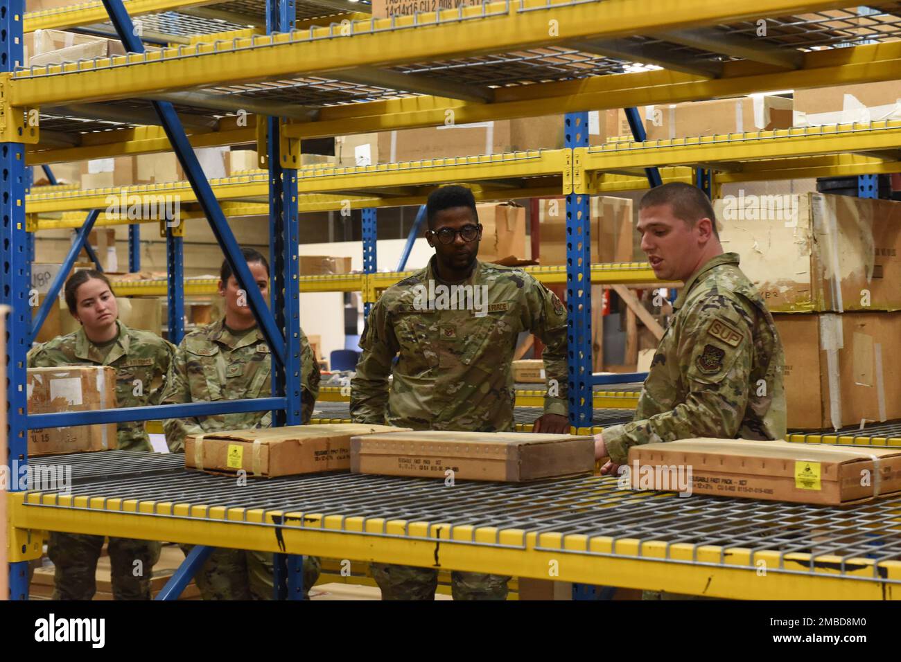 Louisiana Air National Guardsmen, from left, Airman 1st Class Emily Savoie, Staff Sgt. Julie Lobre, Tech. Sgt. Ryan Smith, receive hands on material management training from Pennsylvania Air National Guardsmen Staff Sgt. Benjamin Bruce, right, a material handler with the 171st Air Refueling Wing, June 14, 2022. The training is part of a partnership between the the 159th Fighter Wing’s Logistics Readiness Squadron and the 171st Air Refueling Wing. Stock Photo