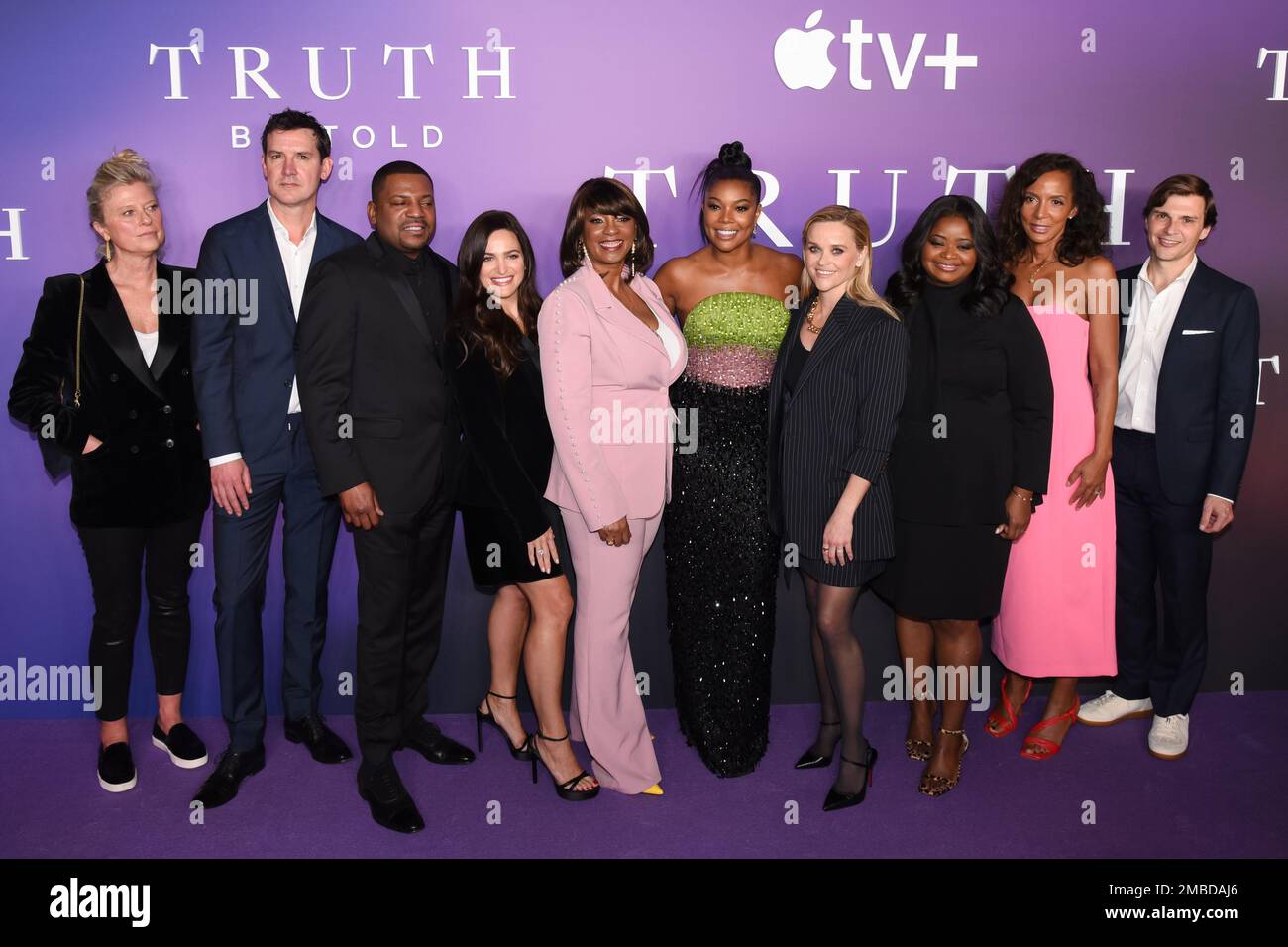 19 January 2023 - Hollywood, California - (L-R) Jenno Topping, Mikkel NÃ¸rgaard, Mekhi Phifer, Lauren Levy Neustadter, Nichelle Tramble Spellman, Gabrielle Union, Reese Witherspoon, Octavia Spencer and Maisha Closson. Season 3 premiere of Apple TV+'s ''Truth Be Told'' at Pacific Design Center. (Credit Image: © Billy Bennight/AdMedia via ZUMA Press Wire) EDITORIAL USAGE ONLY! Not for Commercial USAGE! Stock Photo