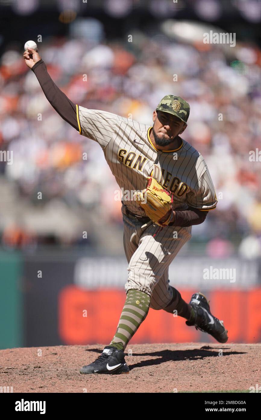 San Diego Padres' Robert Suarez makes a gesture during a baseball game  against the Los Angeles Dodgers, Saturday, April 23, 2022, in San Diego.  (AP Photo/Derrick Tuskan Stock Photo - Alamy