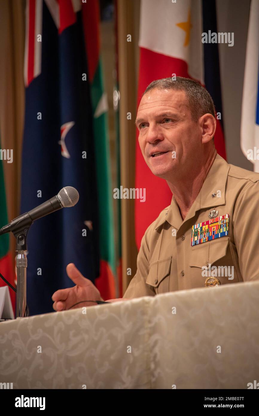 U.S. Marine Corps Brig. Gen. Joseph R. Clearfield, deputy commander, U.S. Marine Corps Forces, Pacific, delivers a presentation on amphibious force support to the fleet during the eighth iteration of the Pacific Amphibious Leaders Symposium, Tokyo, Japan, June 15, 2022. PALS brings together allied and partnered amphibious force leaders, experts and practitioners from around the Indo-Pacific to share ideas, best practices and recent experiences with amphibious operations. The 2022 symposium hosted senior leaders from 18 participating delegations who are committed to a free and open Indo-Pacific Stock Photo