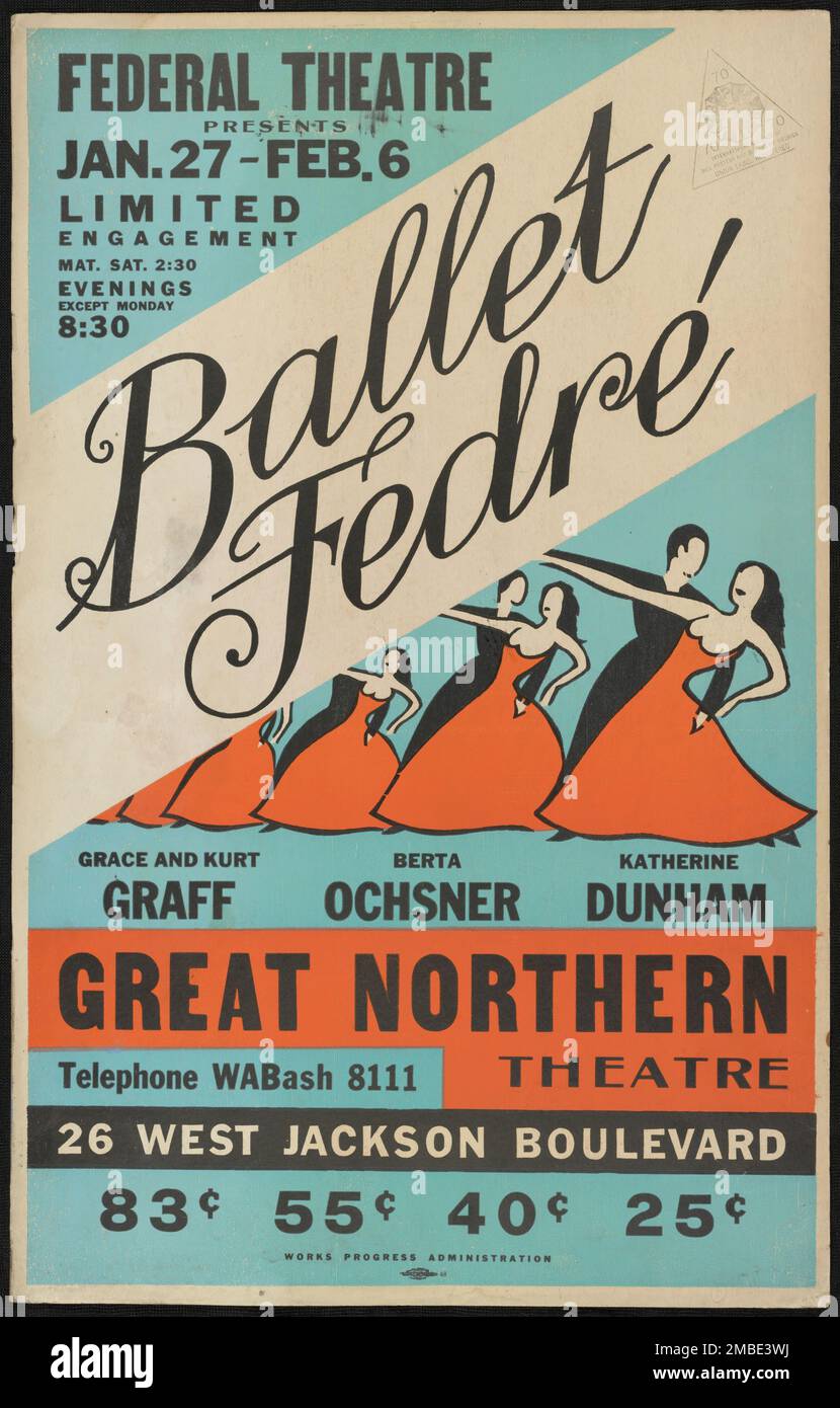 Ballet Fedre, Chicago, 1938. 'Ballet Fedr&#xda; - Grace and Kurt Graff - Berta Ochsner - Katherine Dunham - Great Northern Theatre'. African-American dancer, choreographer and social activist Katherine Dunham directed her own dance company, and has been called the 'matriarch and queen mother of black dance'. The Federal Theatre Project, created by the U.S. Works Progress Administration in 1935, was designed to conserve and develop the skills of theater workers, re-employ them on public relief, and to bring theater to thousands in the United States who had never before seen live theatrical perf Stock Photo