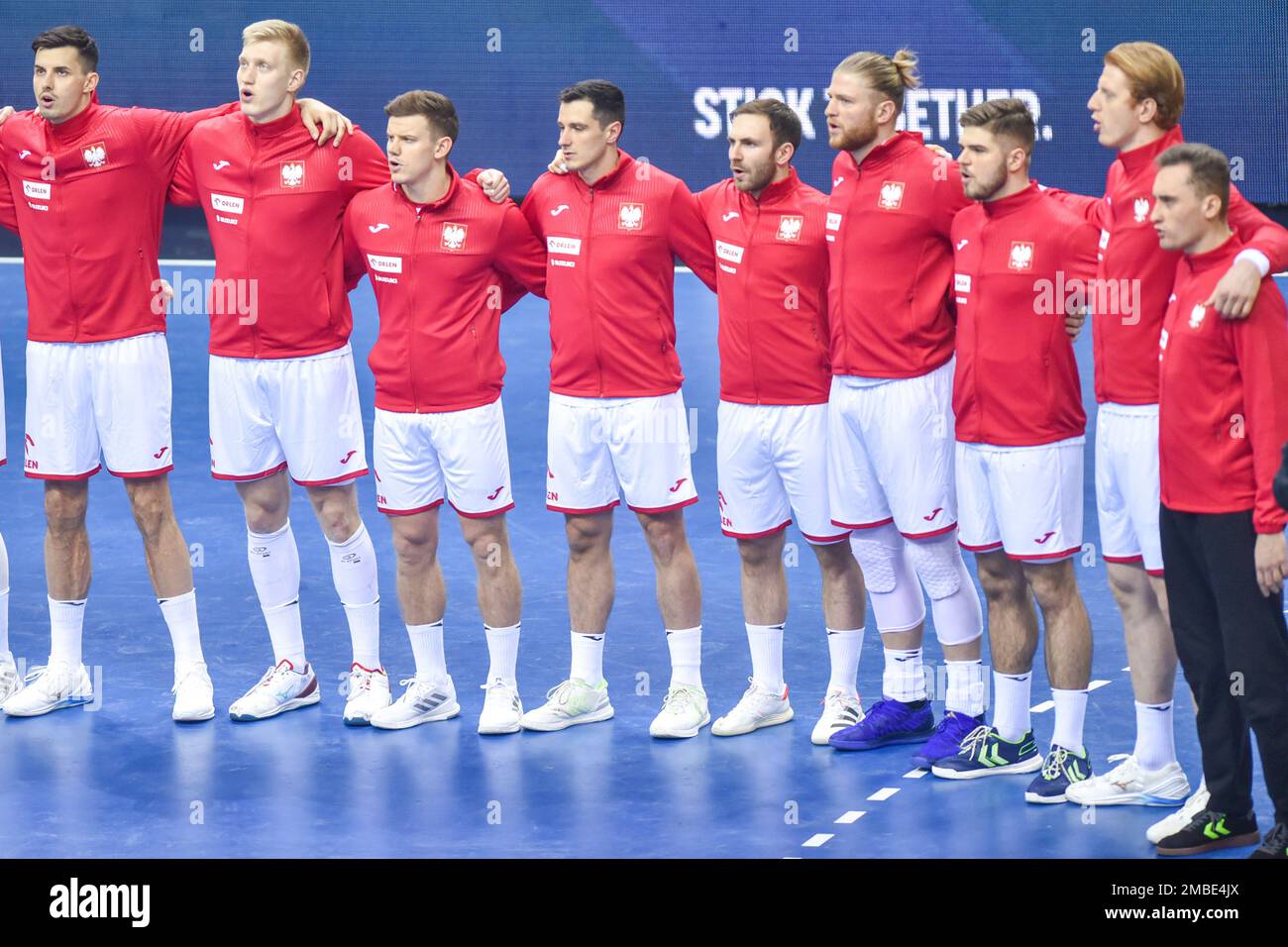 Szymon Sicko, Ariel Pietrasik, Jan Czuwara, Maciej Pilitowski, Arkadiusz  Moryto, Maciej Gebala, Szymon Dzialakiewicz, Tomasz Gebala, Adam Morawski  during IHF MenÕs World Championship match between Montenegro and Poland on  January 20, 2023