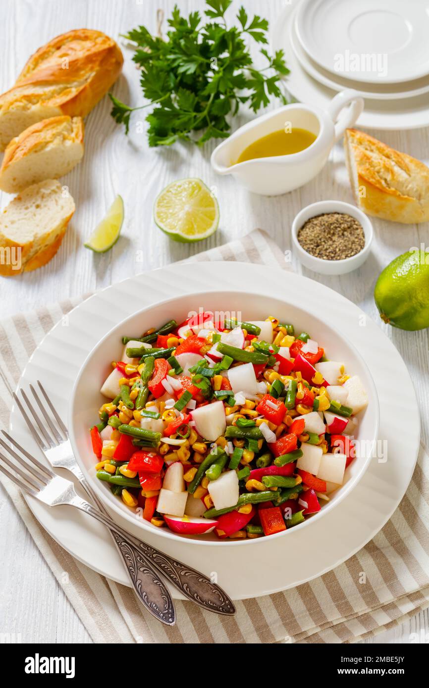 Charred Corn, Radish, Jicama, Red pepper and Green Bean Vegan Salad