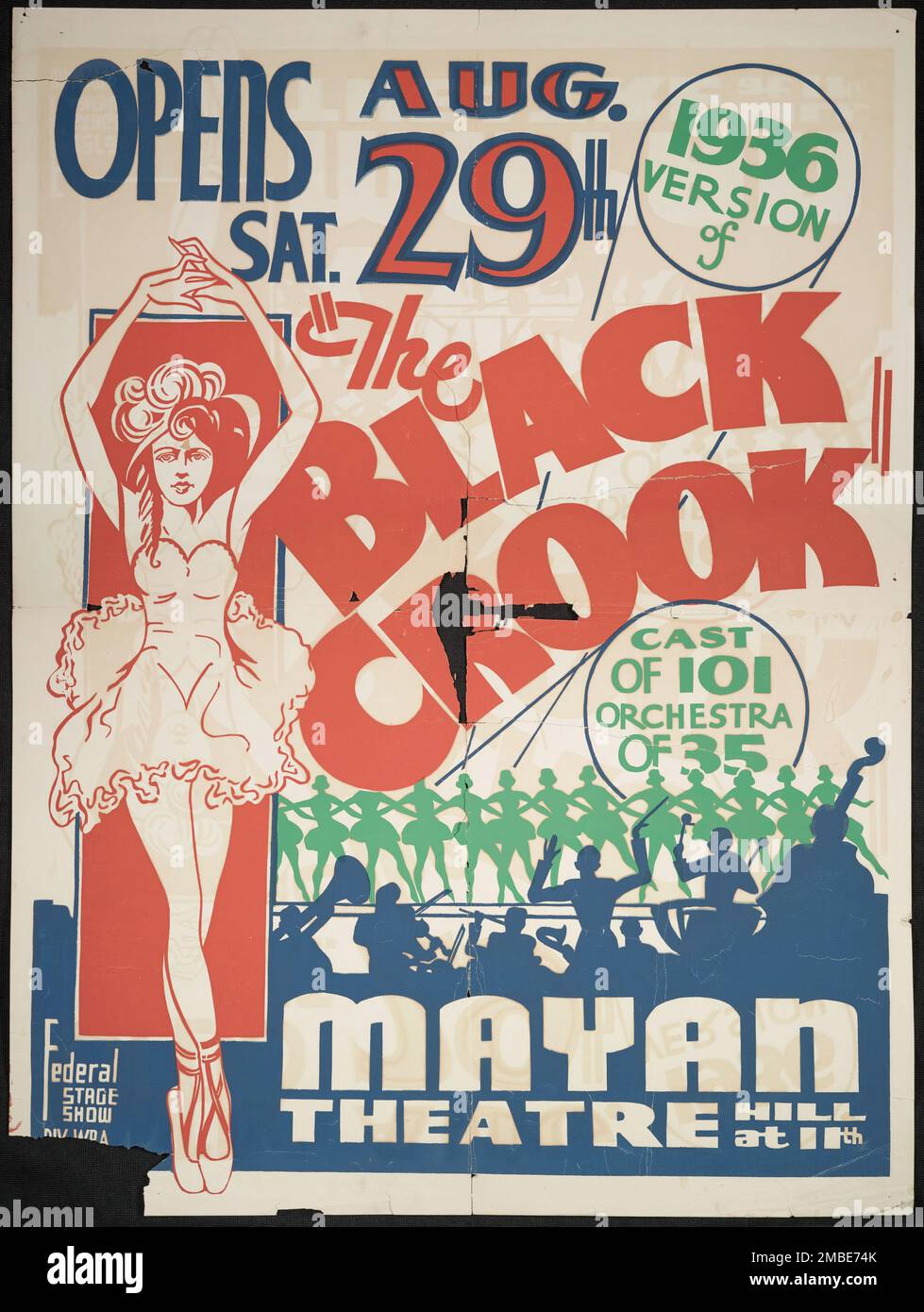 The Black Crook, Los Angeles, 1936. '...1936 Version of &quot;The Black Crook&quot;...Cast of 101 - Orchestra of 35...Mayan Theatre...Federal Stage Show - Div. of W.P.A.'. &quot;The Black Crook&quot;, first produced in New York City with great success in 1866, is claimed by many to be the first popular piece that conforms to the modern notion of a musical. The Federal Theatre Project, created by the U.S. Works Progress Administration in 1935, was designed to conserve and develop the skills of theater workers, re-employ them on public relief, and to bring theater to thousands in the United Stat Stock Photo