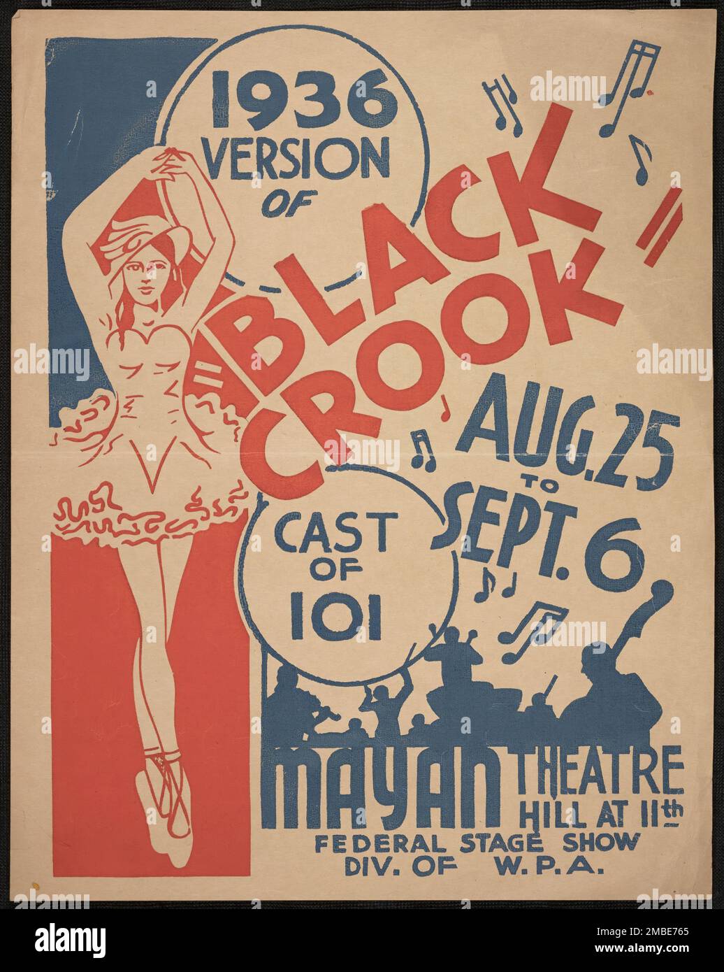 Black Crook, Los Angeles, 1936. '1936 Version of &quot;Black Crook&quot;...Cast of 101...Mayan Theatre...Federal Stage Show - Div. of W.P.A.'. &quot;The Black Crook&quot;, first produced in New York City with great success in 1866, is claimed by many to be the first popular piece that conforms to the modern notion of a musical. The Federal Theatre Project, created by the U.S. Works Progress Administration in 1935, was designed to conserve and develop the skills of theater workers, re-employ them on public relief, and to bring theater to thousands in the United States who had never before seen Stock Photo