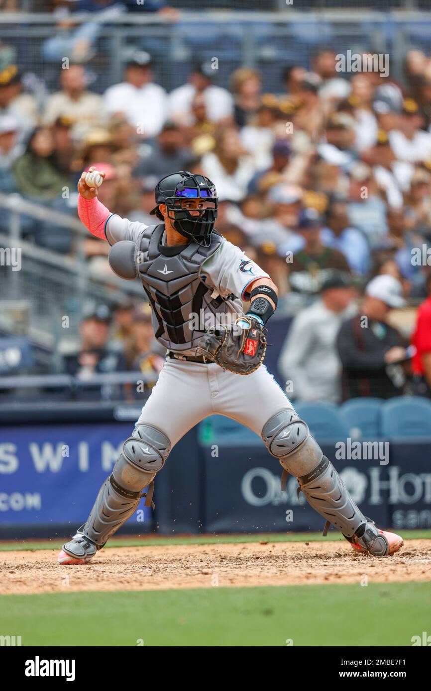 Miami Marlins catcher Payton Henry makes the throw to second base