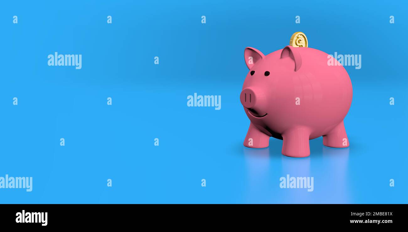Small pink ceramic piggy bank with a gold coin going inside on a shiny ...