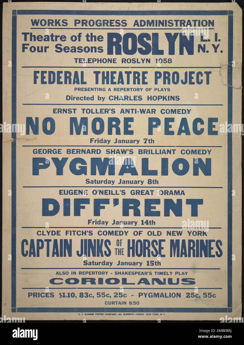 No More Peace, Roslyn, NY, [1930s]. The Federal Theatre Project, created by the U.S. Works Progress Administration in 1935, was designed to conserve and develop the skills of theater workers, re-employ them on public relief, and to bring theater to thousands in the United States who had never before seen live theatrical performances. Stock Photo