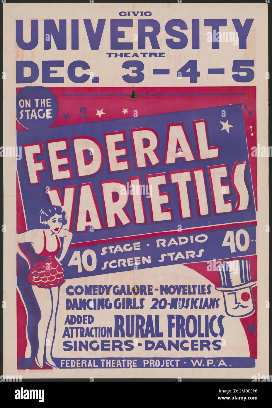Federal Varieties, Syracuse, NY, 1936. The Federal Theatre Project, created by the U.S. Works Progress Administration in 1935, was designed to conserve and develop the skills of theater workers, re-employ them on public relief, and to bring theater to thousands in the United States who had never before seen live theatrical performances. Stock Photo