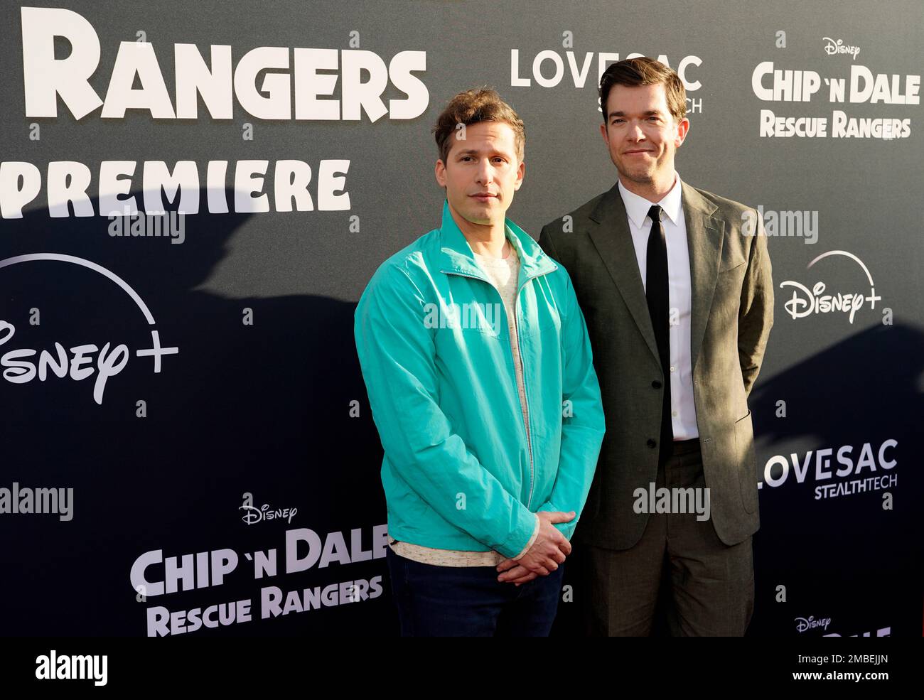 Andy Samberg, left, and John Mulaney, cast members in "Chip 'n Dale: Rescue  Rangers," pose together at the premiere of the film, Wednesday, May 18,  2022, at the El Capitan Theatre in