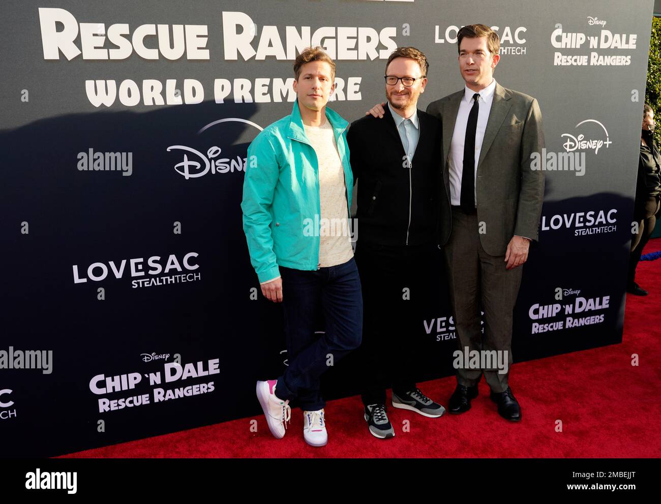 Director Akiva Schaffer, center, poses with cast members Andy Samberg ...