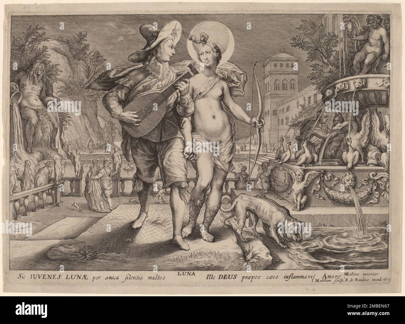 Diana as Luna Accompanying a Young Man Serenading, 1615. Stock Photo
