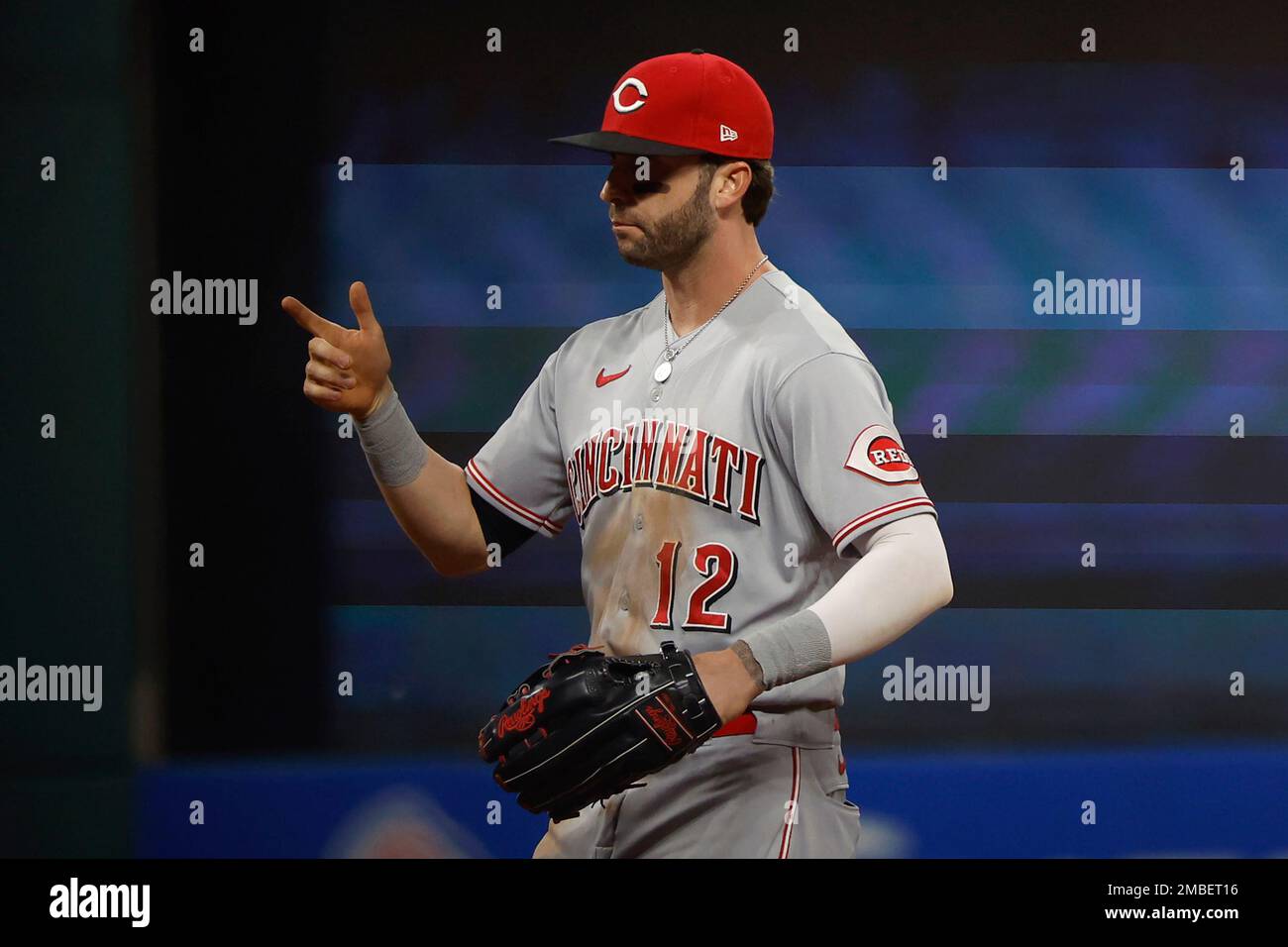 Cincinnati Reds' Tyler Naquin celebrates a 5-4 win against the Cleveland  Guardians in a baseball game, Tuesday, May 17, 2022, in Cleveland. (AP  Photo/Ron Schwane Stock Photo - Alamy