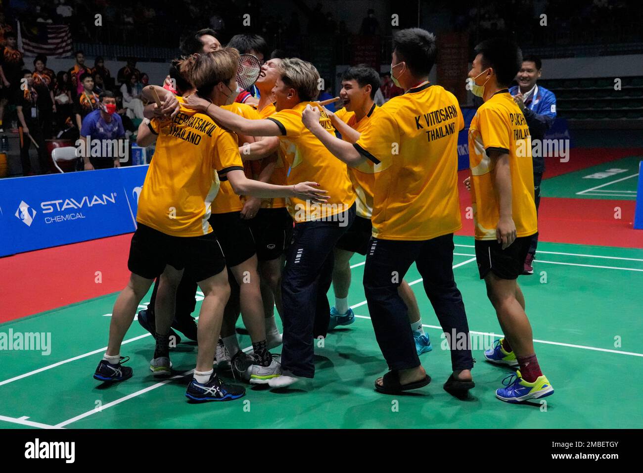 Team Thailand celebrates after defeating Malaysia in their mens team badminton final match at the 31st Southeast Asian Games (SEA Games), Wednesday, May 18, 2022 in Bac Giang, Vietnam