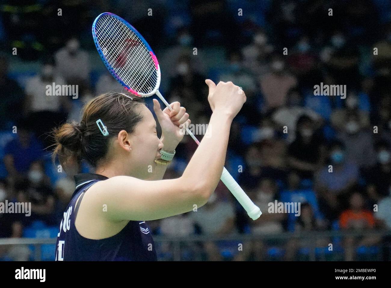 Pornpawe Chochuwong of Thailand celebrate after defeat Putri Kusuma Wardani of Indonesia during their womens singles team final badminton match at the 31st Southeast Asian Games (SEA Games 31) in Bad Giang