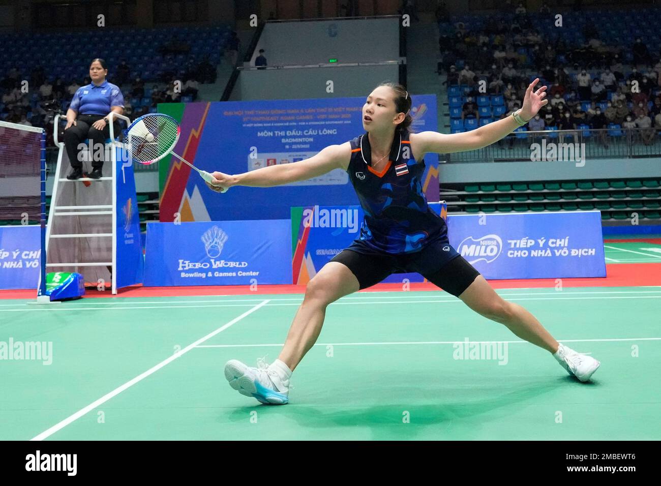 Pornpawe Chochuwong of Thailand returns a shot to Putri Kusuma Wardani of Indonesia during their womens singles team final badminton match at the 31st Southeast Asian Games (SEA Games 31) in Bad