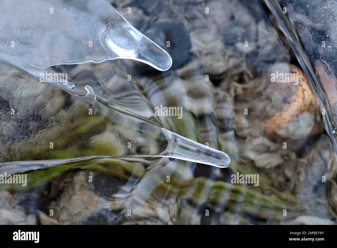 Closeup of semitransparent ice needles in a river current, with