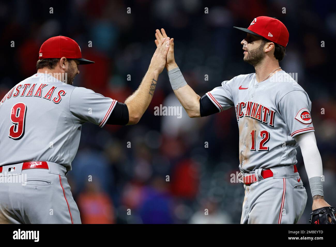 Cincinnati Reds' Tyler Naquin celebrates a 5-4 win against the Cleveland  Guardians in a baseball game, Tuesday, May 17, 2022, in Cleveland. (AP  Photo/Ron Schwane Stock Photo - Alamy