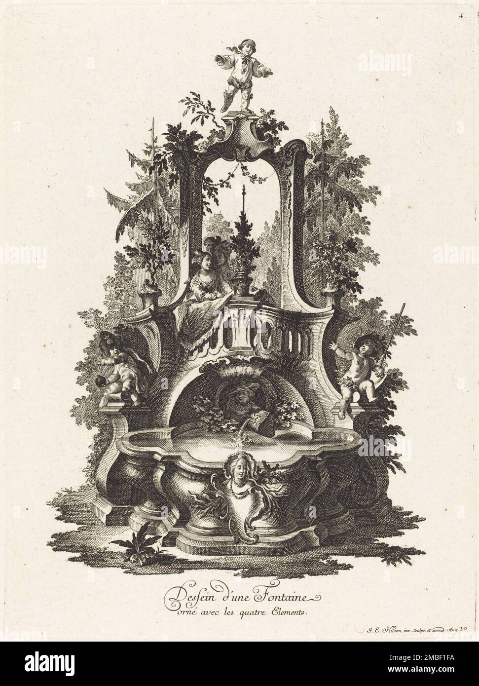 Dessein d'une Fontaine orn&#xe9; avec les quatre Elements (Design for a Fountain Decorated with the Four Elements), c. 1755/1760. Stock Photo