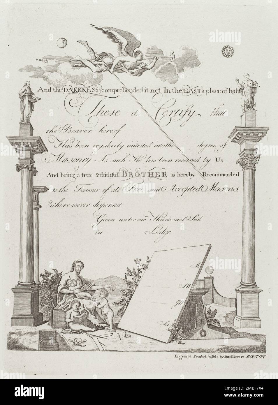 Masonic Certificate, 1796 (printed 1954). Stock Photo
