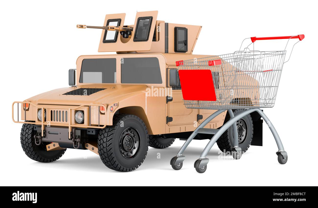 High Mobility Multipurpose Wheeled Vehicle with shopping cart, 3D rendering isolated on white